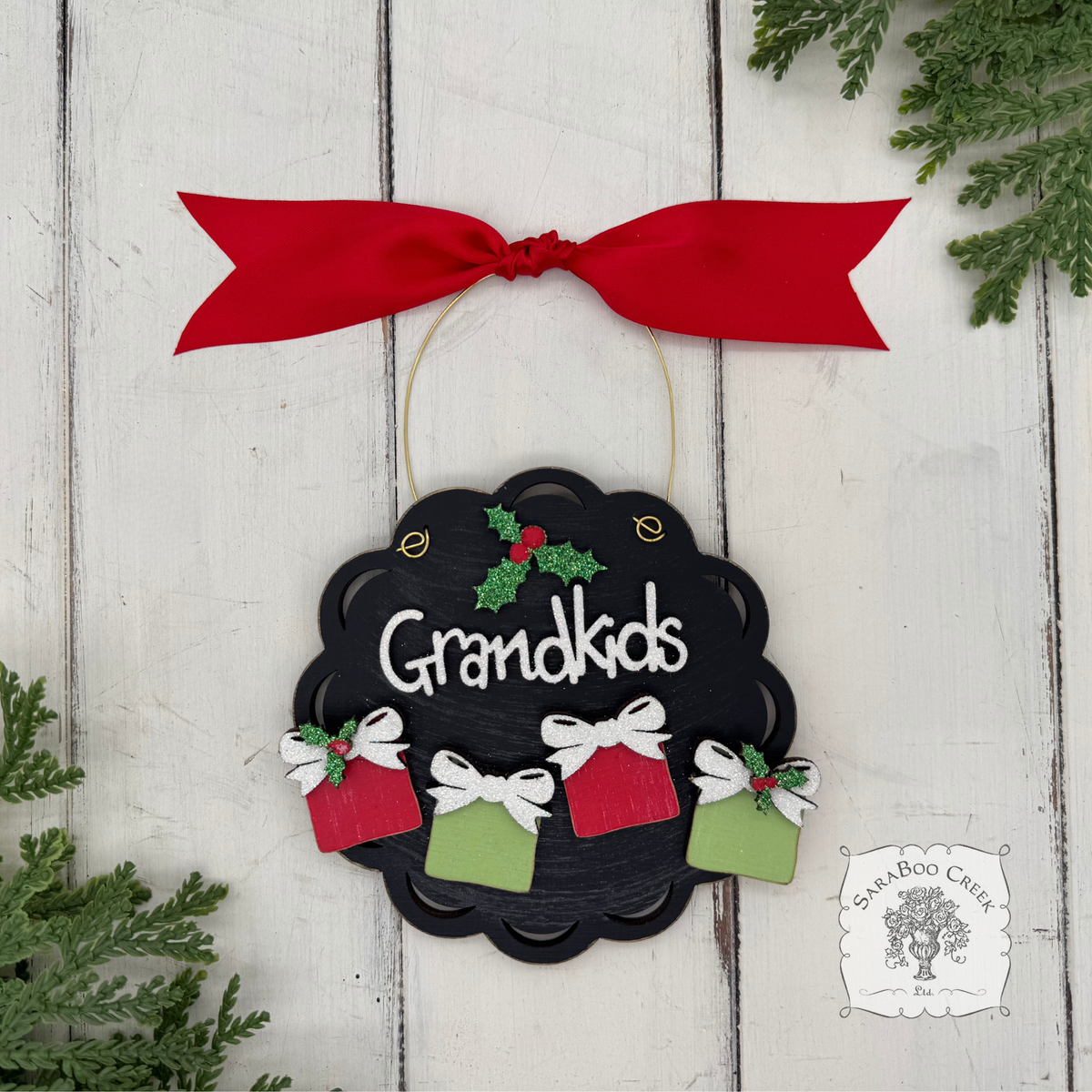 Grandkids Gifts Ornament with 2, 3, 4 or 5 Personalized Wood Present for Grandchildren