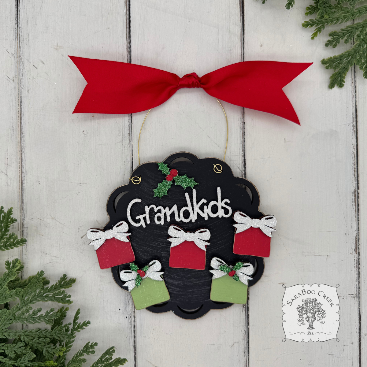 Grandkids Gifts Ornament with 2, 3, 4 or 5 Personalized Wood Present for Grandchildren