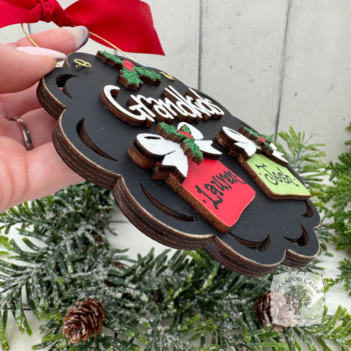 Grandkids Gifts Ornament with 2, 3, 4 or 5 Personalized Wood Present for Grandchildren