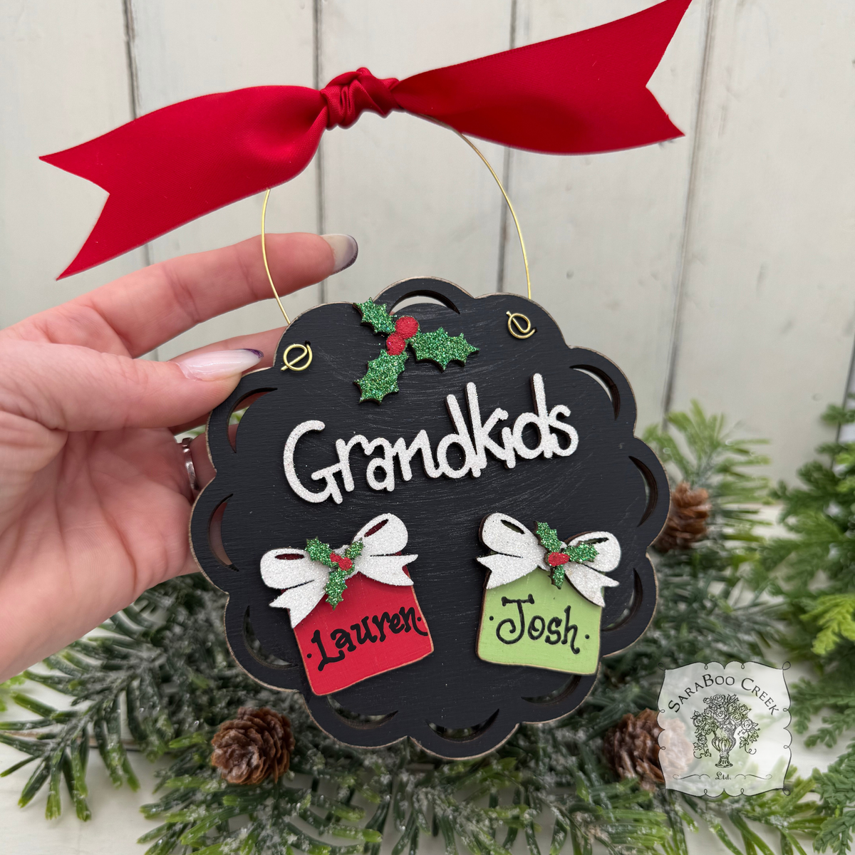 Grandkids Gifts Ornament with 2, 3, 4 or 5 Personalized Wood Present for Grandchildren