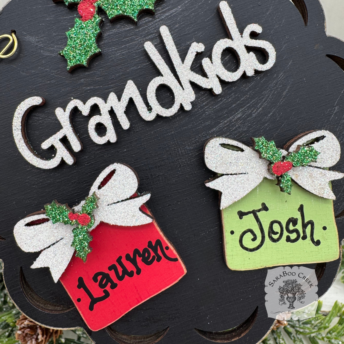 Grandkids Gifts Ornament with 2, 3, 4 or 5 Personalized Wood Present for Grandchildren
