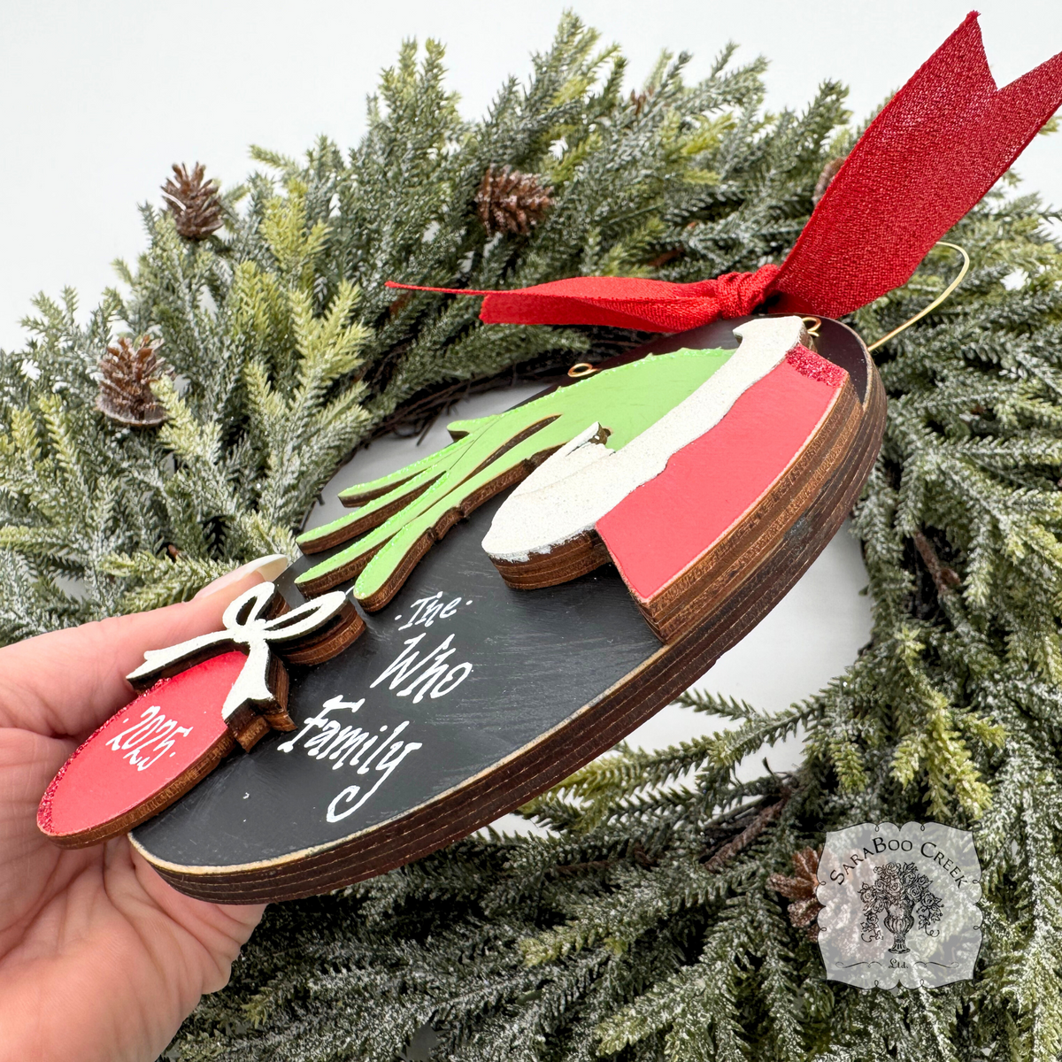Grinch Hand w/ Christmas Ball Christmas - Personalized Handmade Wood