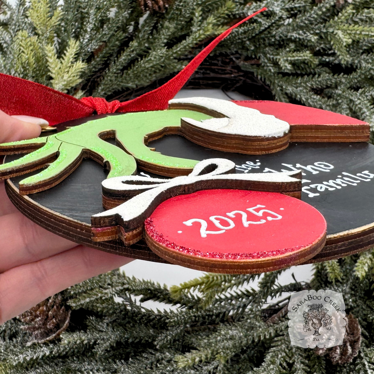 Grinch Hand w/ Christmas Ball Christmas - Personalized Handmade Wood