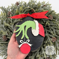 Grinch Hand w/ Christmas Ball Christmas - Personalized Handmade Wood