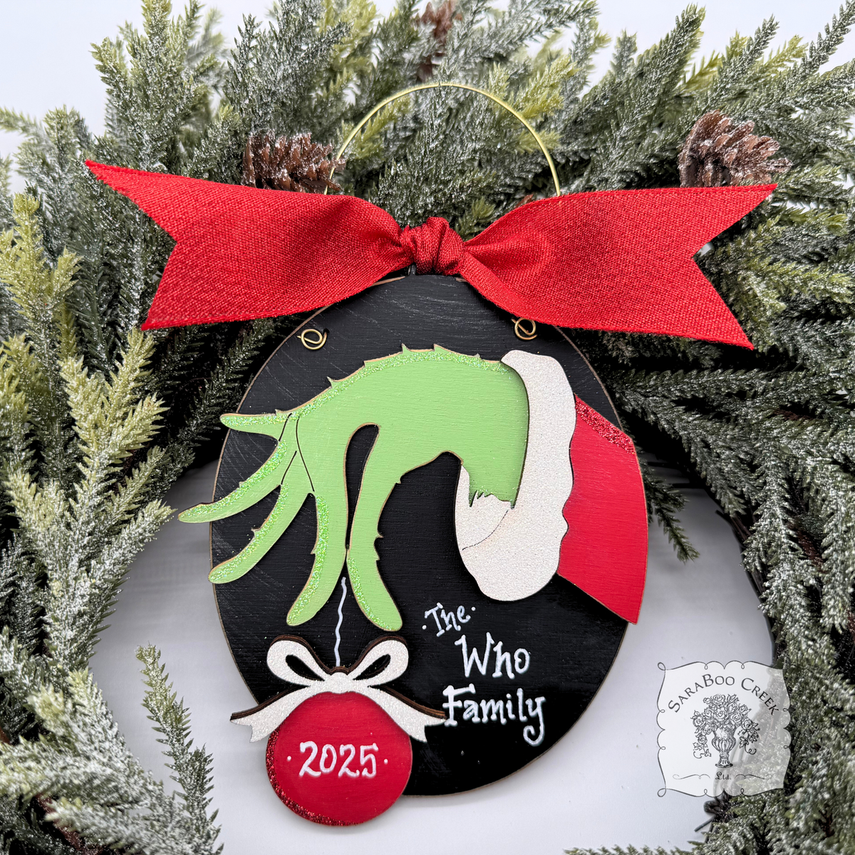 Grinch Hand w/ Christmas Ball Christmas - Personalized Handmade Wood