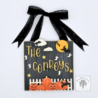 8.5" Halloween Night Decorative Plaque Personalized with Family Name; Handmade Wood Sign