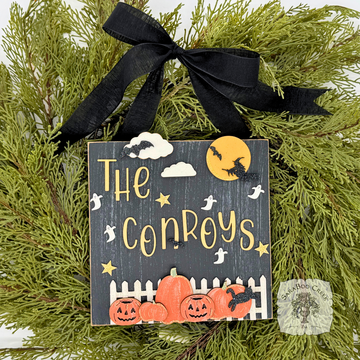 8.5" Halloween Night Decorative Plaque Personalized with Family Name; Handmade Wood Sign