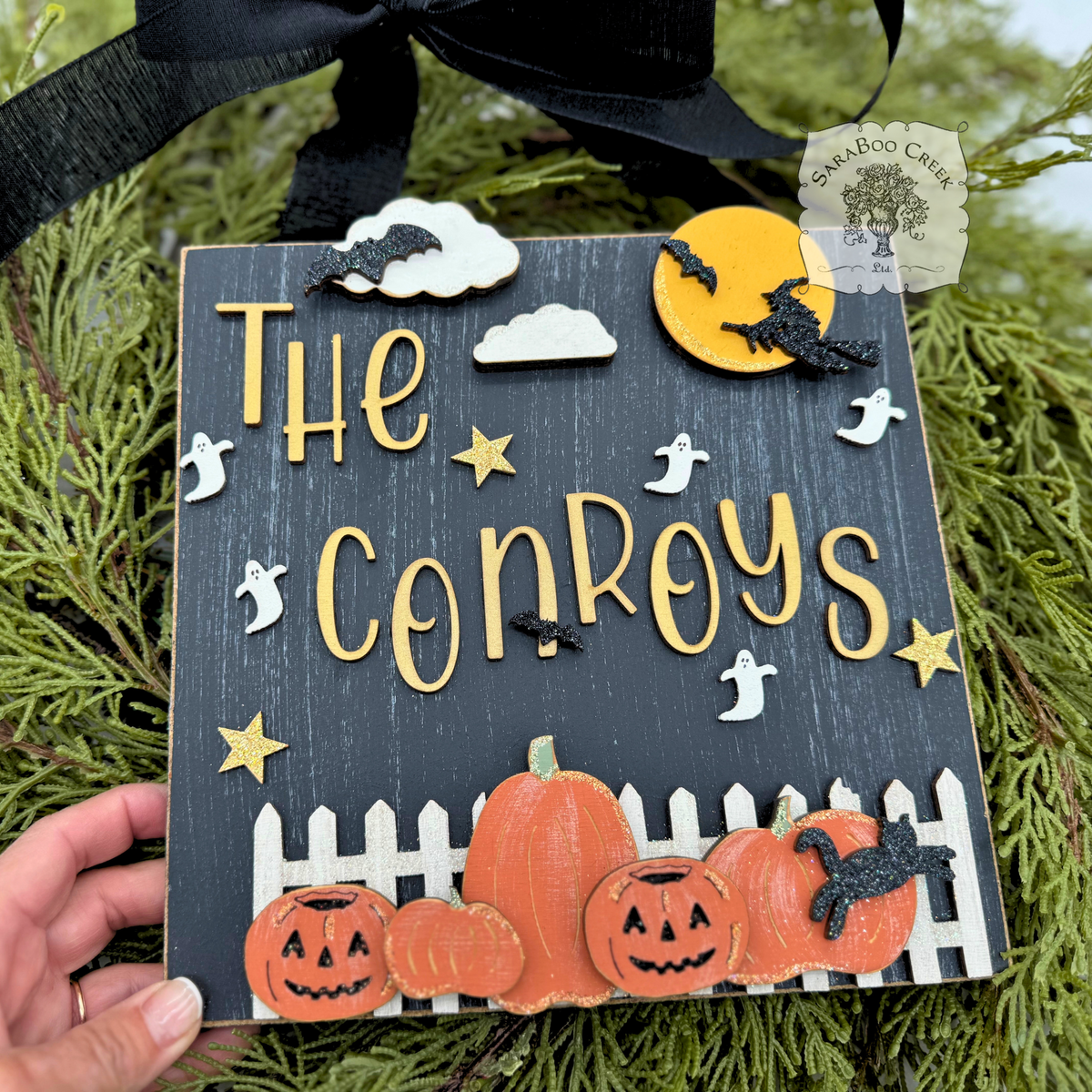 8.5" Halloween Night Decorative Plaque Personalized with Family Name; Handmade Wood Sign