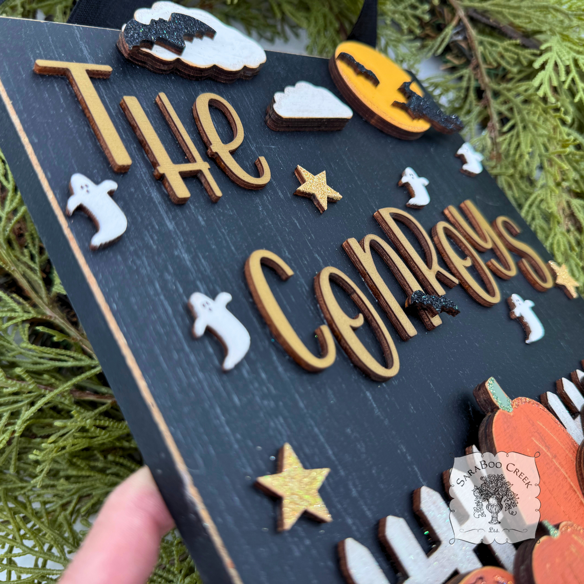 8.5" Halloween Night Decorative Plaque Personalized with Family Name; Handmade Wood Sign