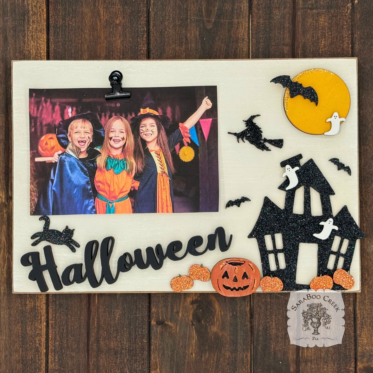11" x 9" "Halloween" Picture Frame with Haunted House & Halloween Decorations - Clip on up to 4 x 6 Photo