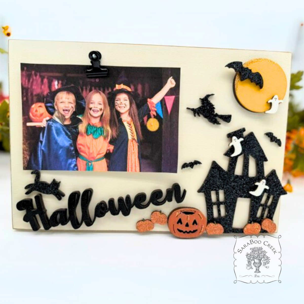 11" x 9" "Halloween" Picture Frame with Haunted House & Halloween Decorations - Clip on up to 4 x 6 Photo