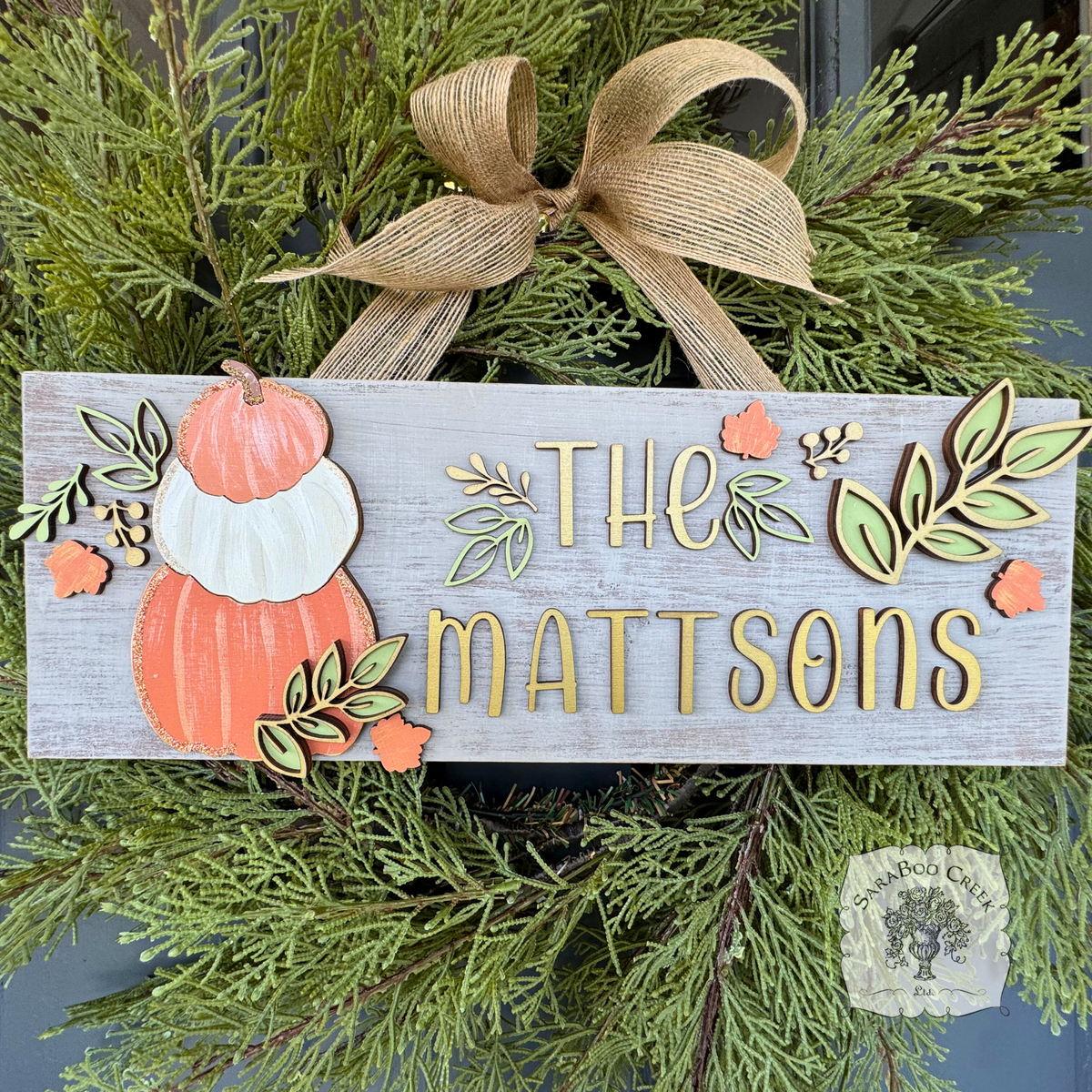 5"x15" Pumpkin Trio & Fall Leaves Rustic Hanging Plaque Personalized with Family Name