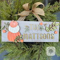 5"x15" Pumpkin Trio & Fall Leaves Rustic Hanging Plaque Personalized with Family Name