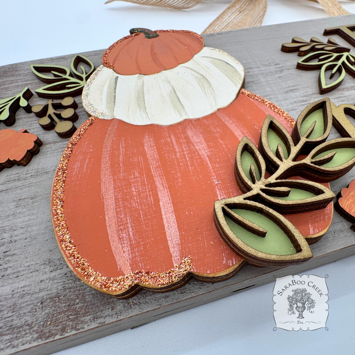 5"x15" Pumpkin Trio & Fall Leaves Rustic Hanging Plaque Personalized with Family Name