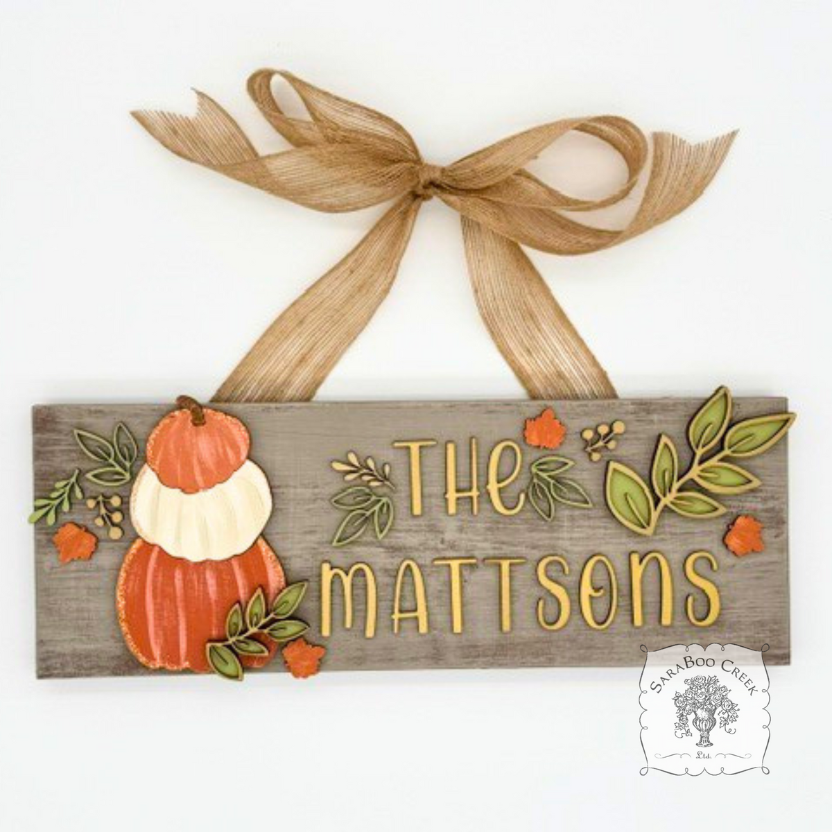 5"x15" Pumpkin Trio & Fall Leaves Rustic Hanging Plaque Personalized with Family Name
