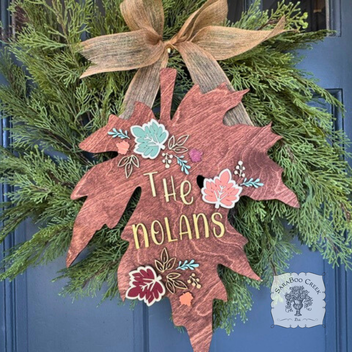 18" Fall Leaf Wall Decor or Door Sign Customized with Family Name in Gold