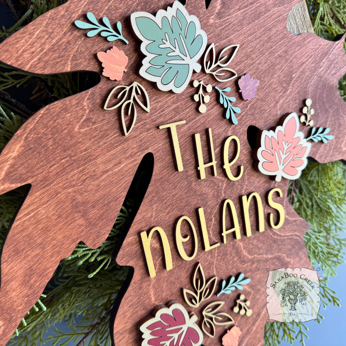18" Fall Leaf Wall Decor or Door Sign Customized with Family Name in Gold