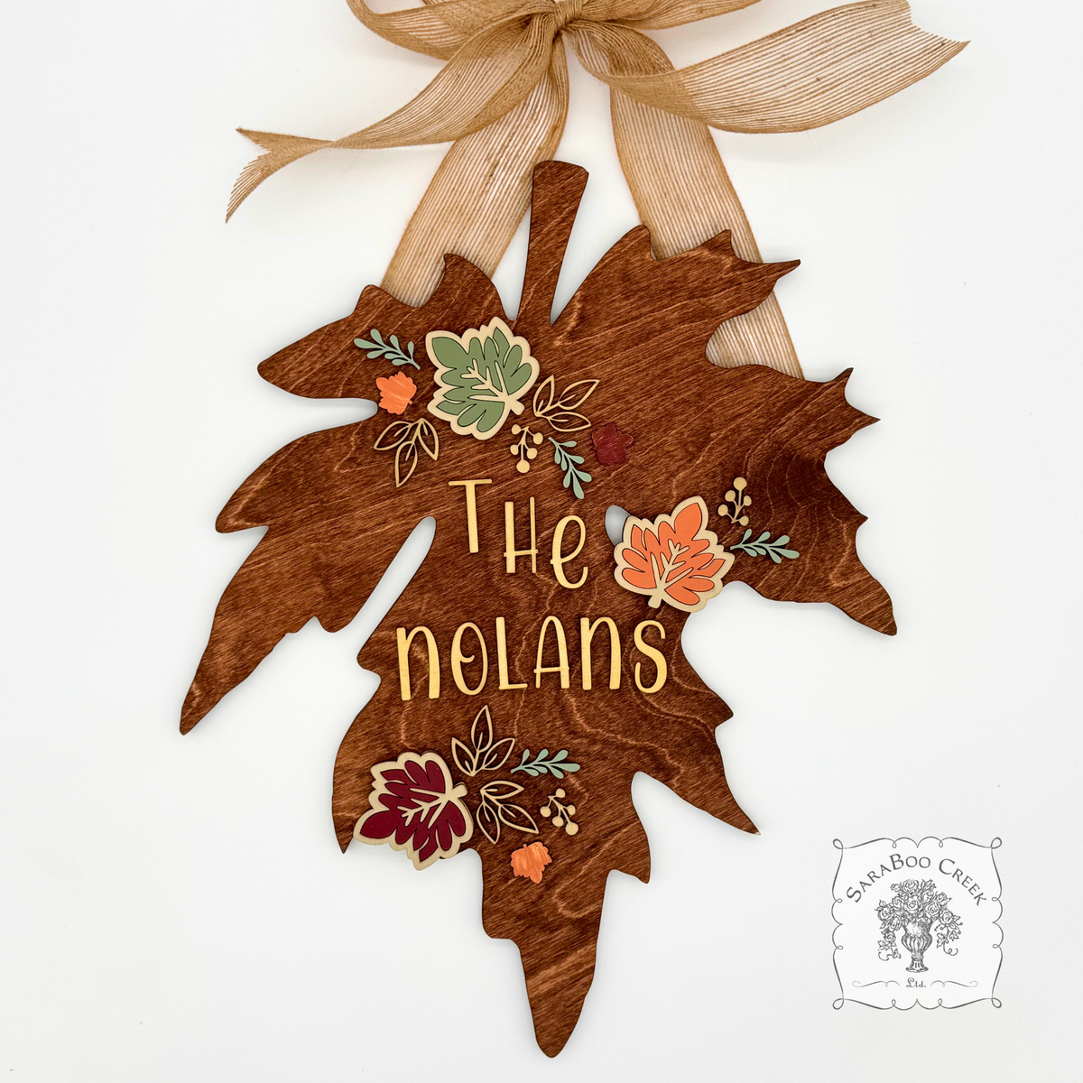 18" Fall Leaf Wall Decor or Door Sign Customized with Family Name in Gold