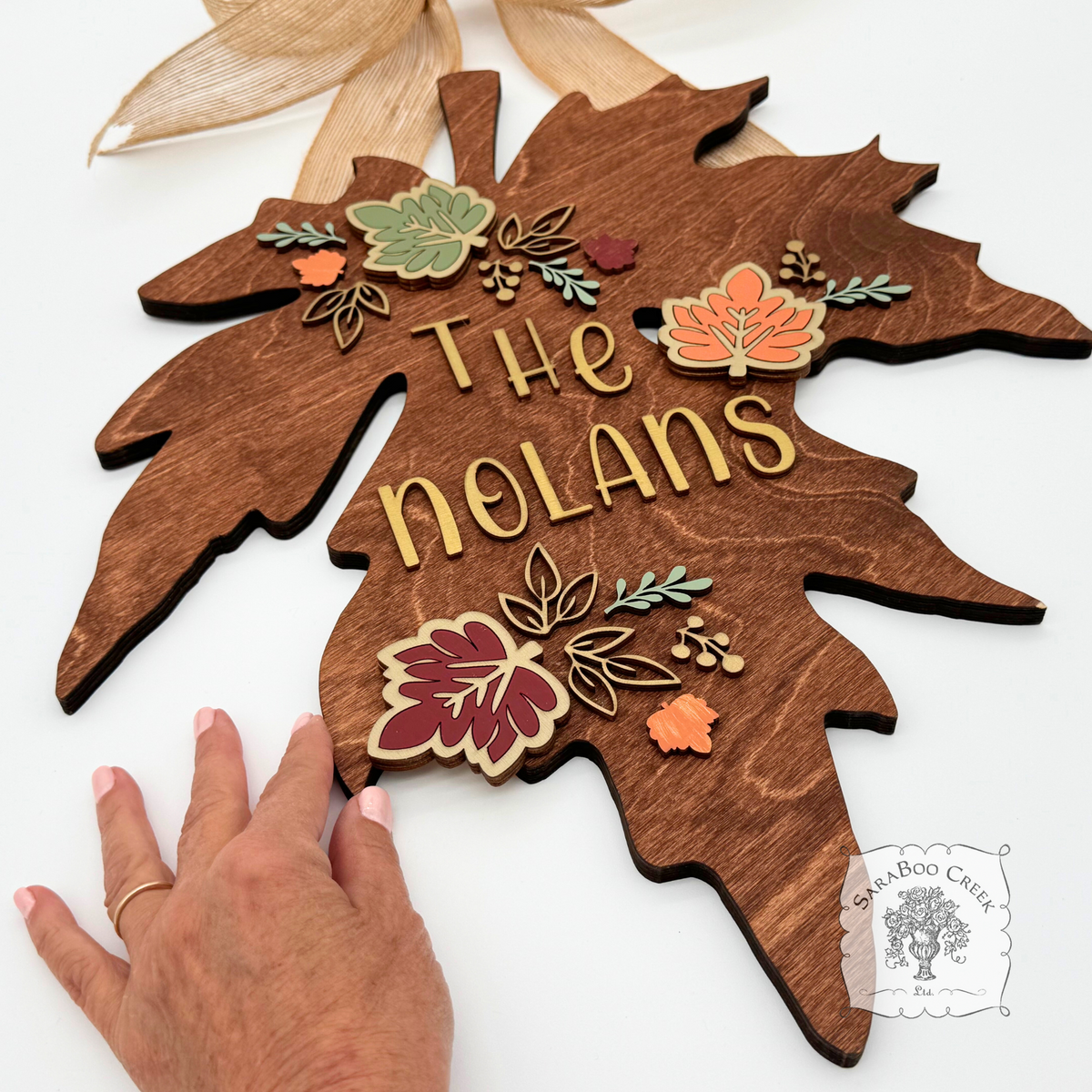 18" Fall Leaf Wall Decor or Door Sign Customized with Family Name in Gold