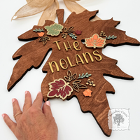 18" Fall Leaf Wall Decor or Door Sign Customized with Family Name in Gold