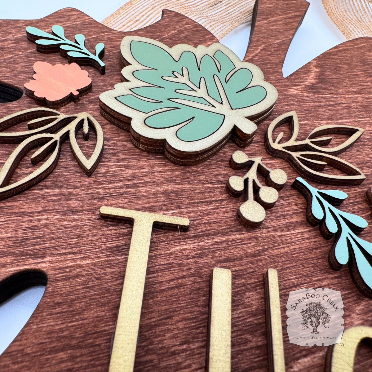 18" Fall Leaf Wall Decor or Door Sign Customized with Family Name in Gold