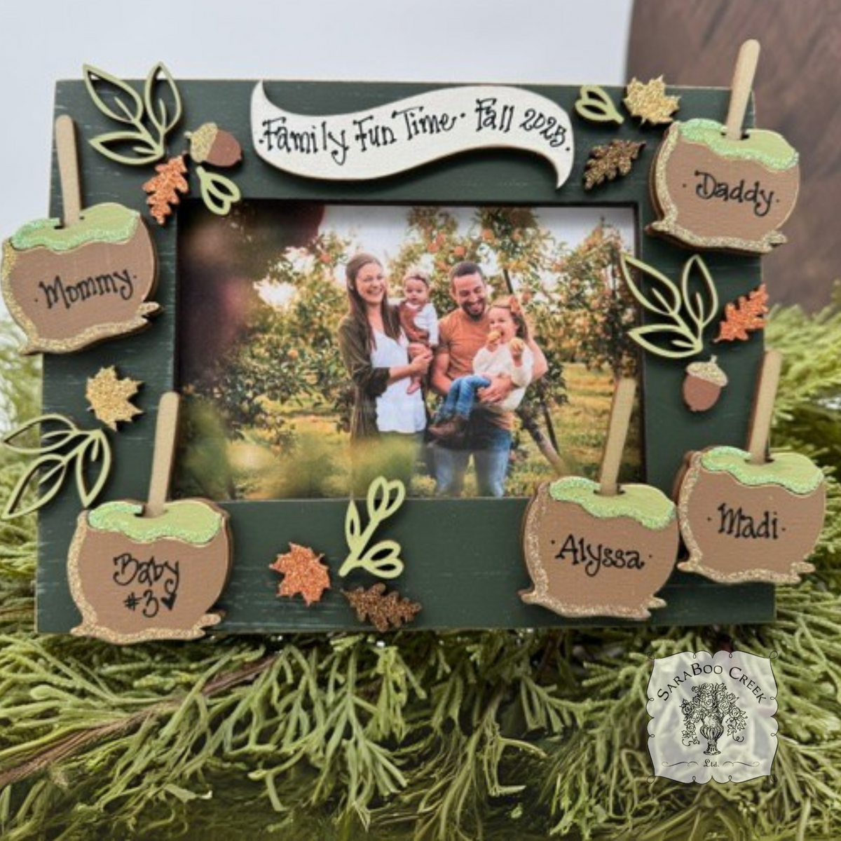 Personalized Fall Picture Frame w/ Caramel Apples & Autumn Decorations - Holds 4x6 Photo; Choice of Frame Color