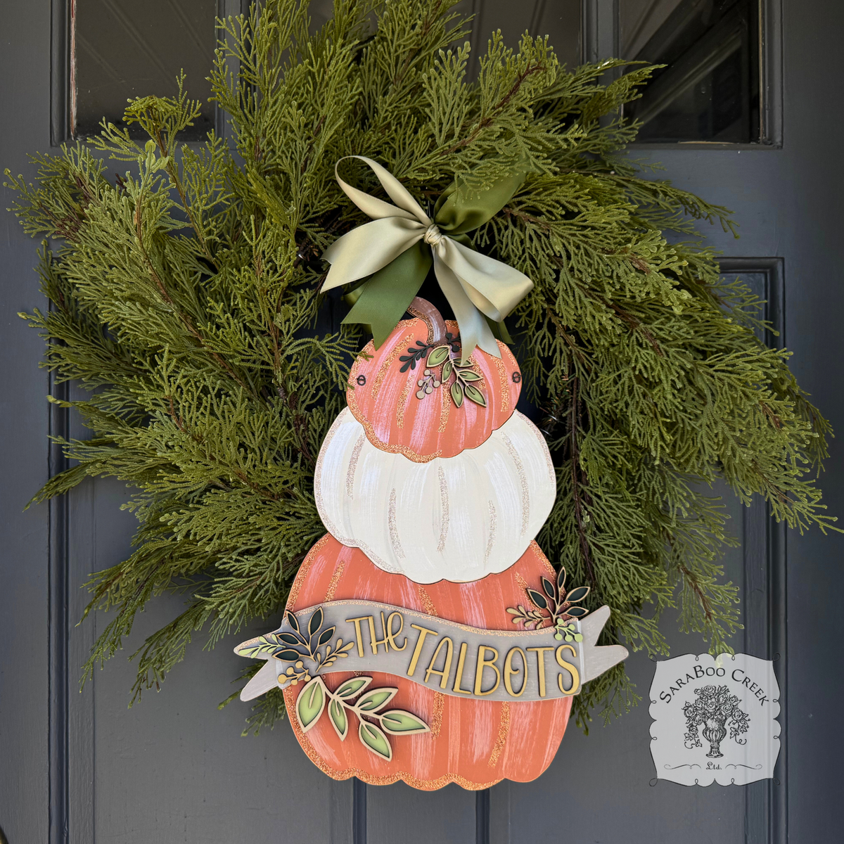 18" Fall Triple Pumpkin Sign w/ Personalized Banner and Leaves