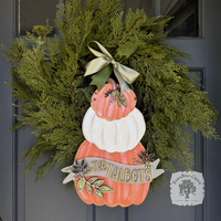 18" Fall Triple Pumpkin Sign w/ Personalized Banner and Leaves