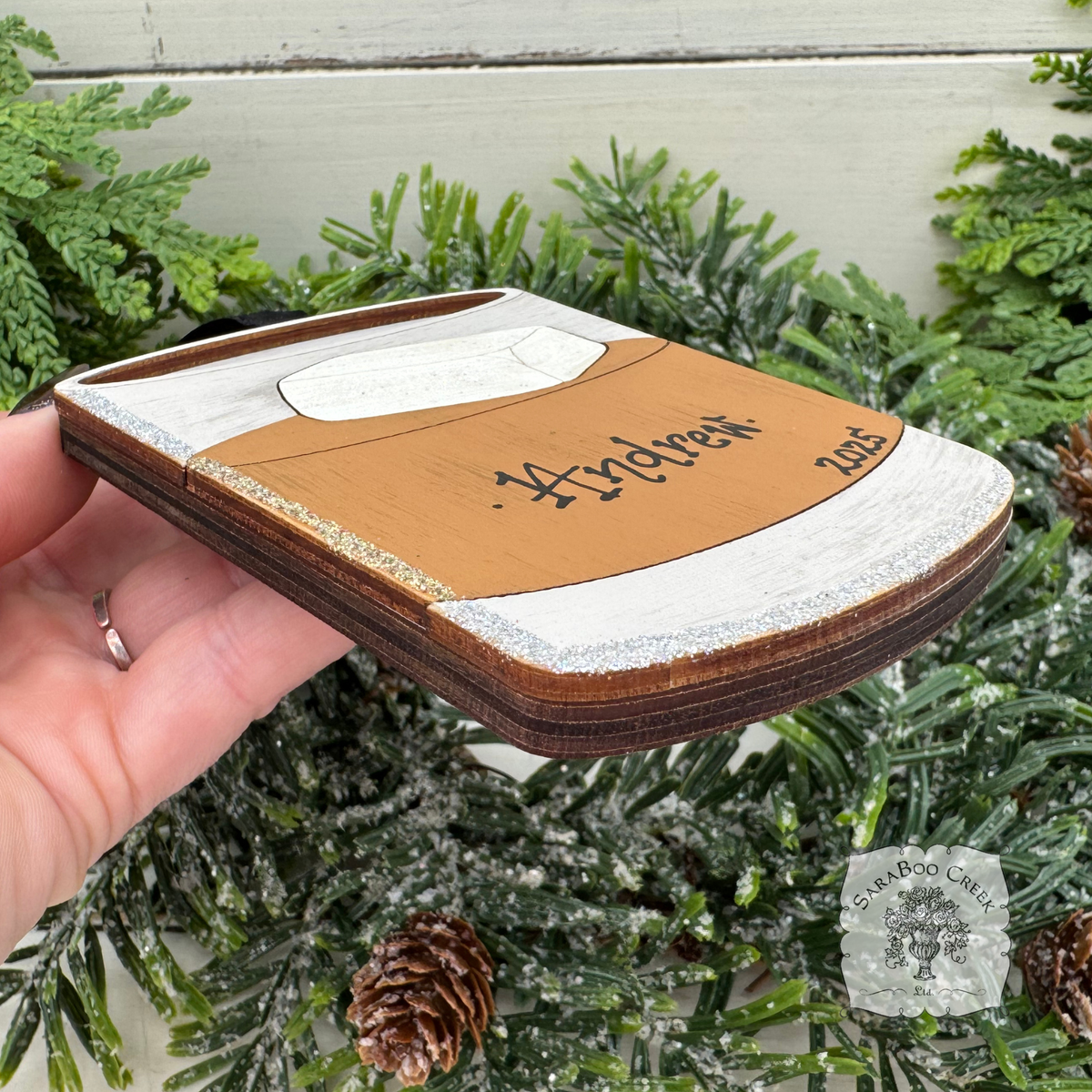 Whiskey Bourbon or Scotch Rocks Glass Ornament; Personalized, Handmade Wood Old Fashioned Cocktail Ornament