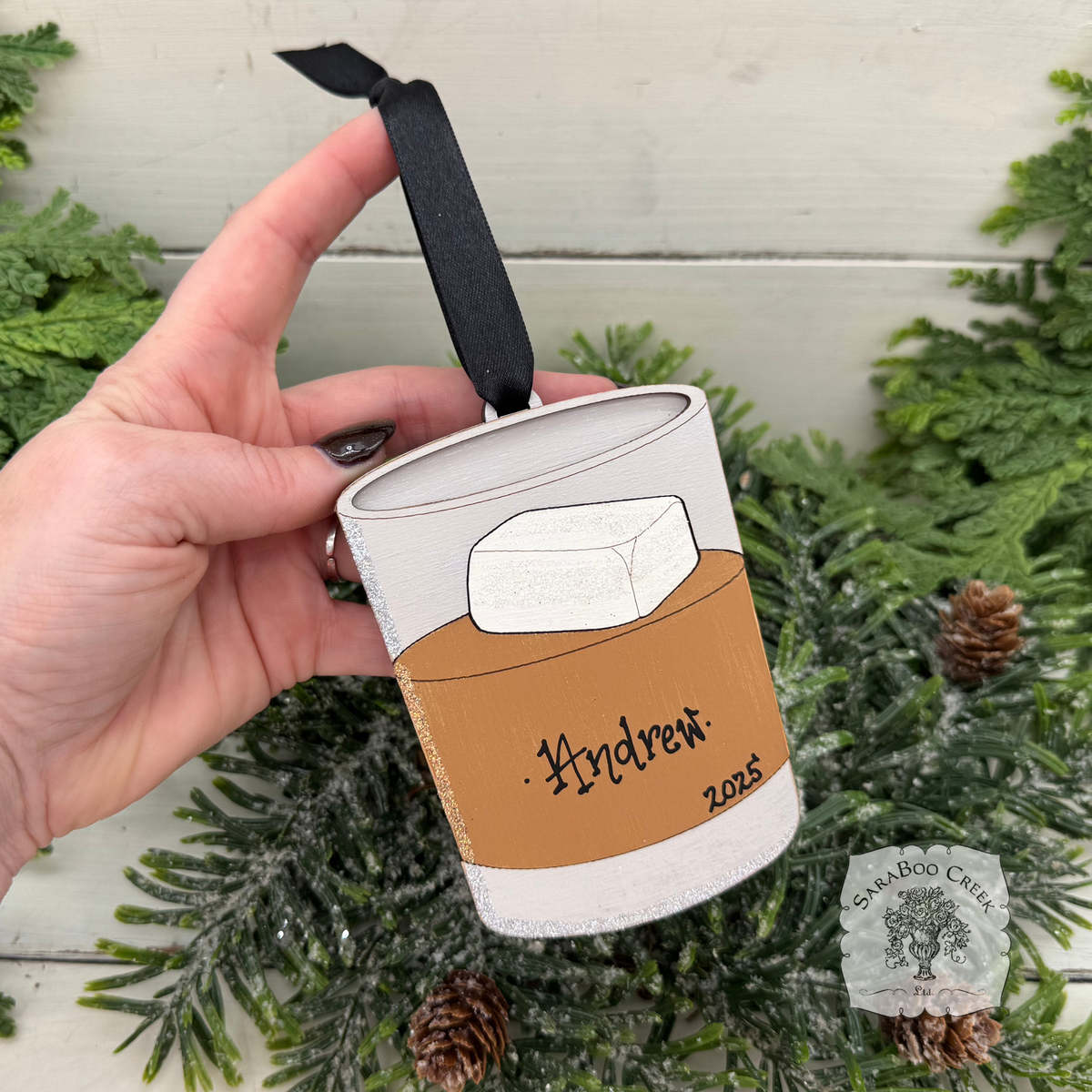 Whiskey Bourbon or Scotch Rocks Glass Ornament; Personalized, Handmade Wood Old Fashioned Cocktail Ornament