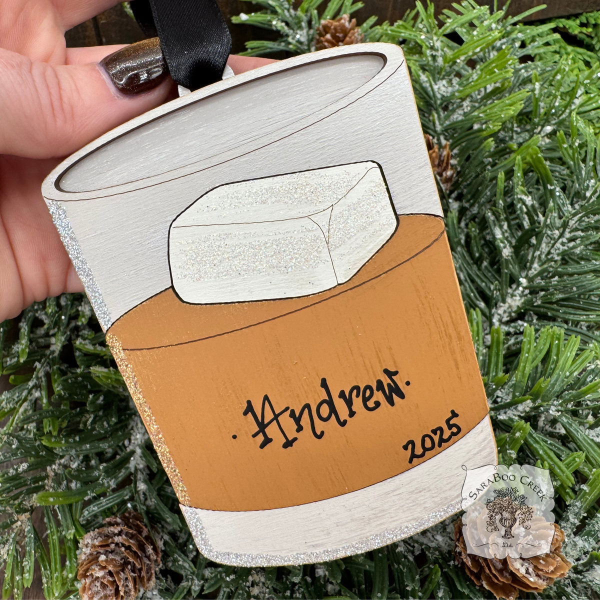 Whiskey Bourbon or Scotch Rocks Glass Ornament; Personalized, Handmade Wood Old Fashioned Cocktail Ornament