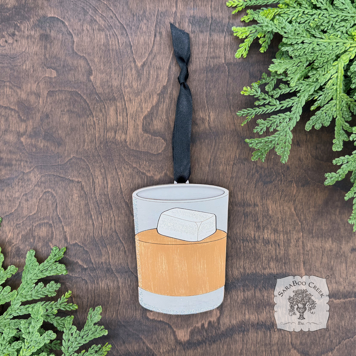 Whiskey Bourbon or Scotch Rocks Glass Ornament; Personalized, Handmade Wood Old Fashioned Cocktail Ornament