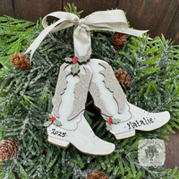 Personalized White Cowboy Boots Ornament w/ Wood Holly; Handmade Western Cowgirl Christmas Ornament