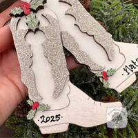 Personalized White Cowboy Boots Ornament w/ Wood Holly; Handmade Western Cowgirl Christmas Ornament