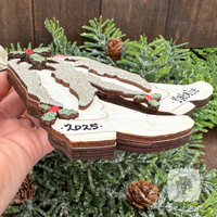 Personalized White Cowboy Boots Ornament w/ Wood Holly; Handmade Western Cowgirl Christmas Ornament