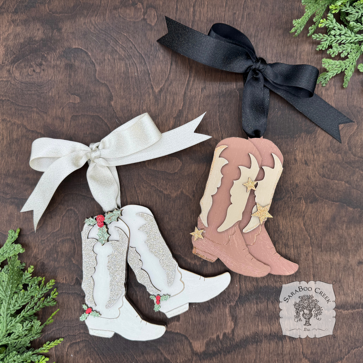 Personalized Cowboy Boots Ornament; Pair of Brown Western Boots with Gold Stars