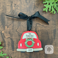 Christmas Car Ornament w/ Holiday Wreath - Personalized Christmas 2025 Ornament