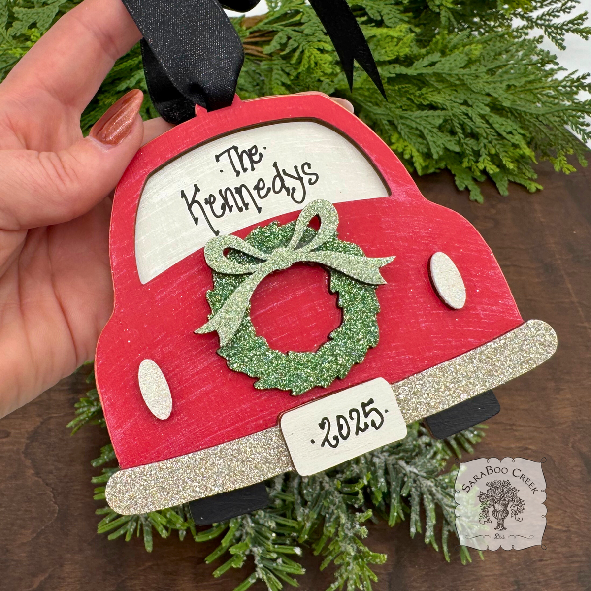 Christmas Car Ornament w/ Holiday Wreath - Personalized Christmas 2025 Ornament