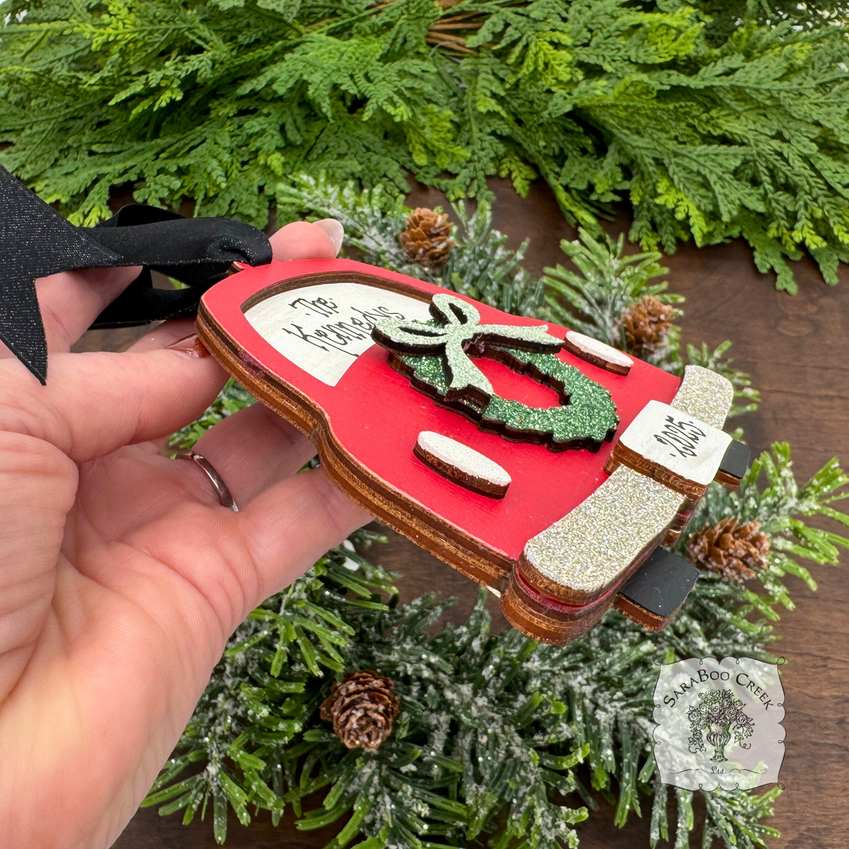 Christmas Car Ornament w/ Holiday Wreath - Personalized Christmas 2025 Ornament