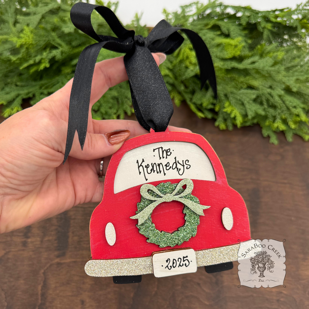 Christmas Car Ornament w/ Holiday Wreath - Personalized Christmas 2025 Ornament