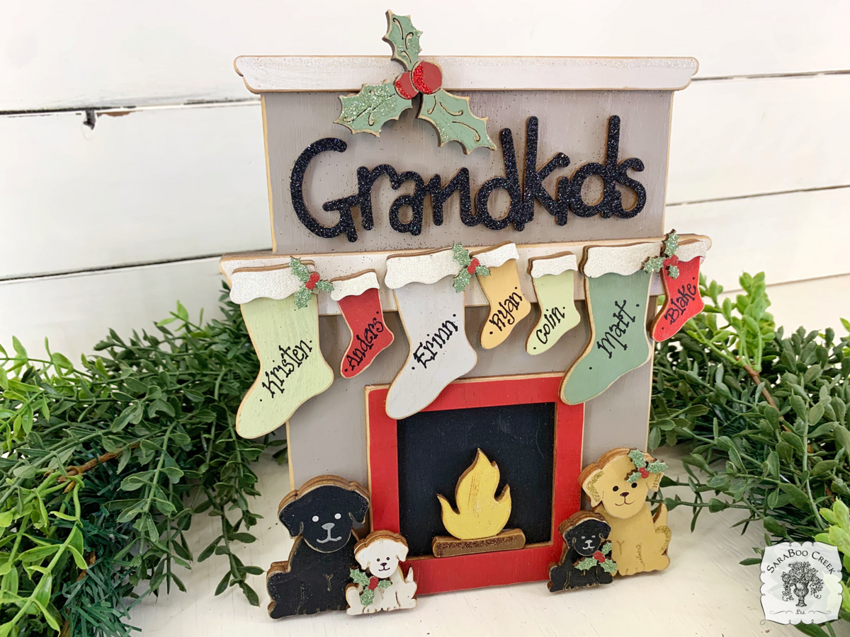 Standing Fireplace w/ Personalized Stockings & Pets or Presents and Choice of Wooden Word