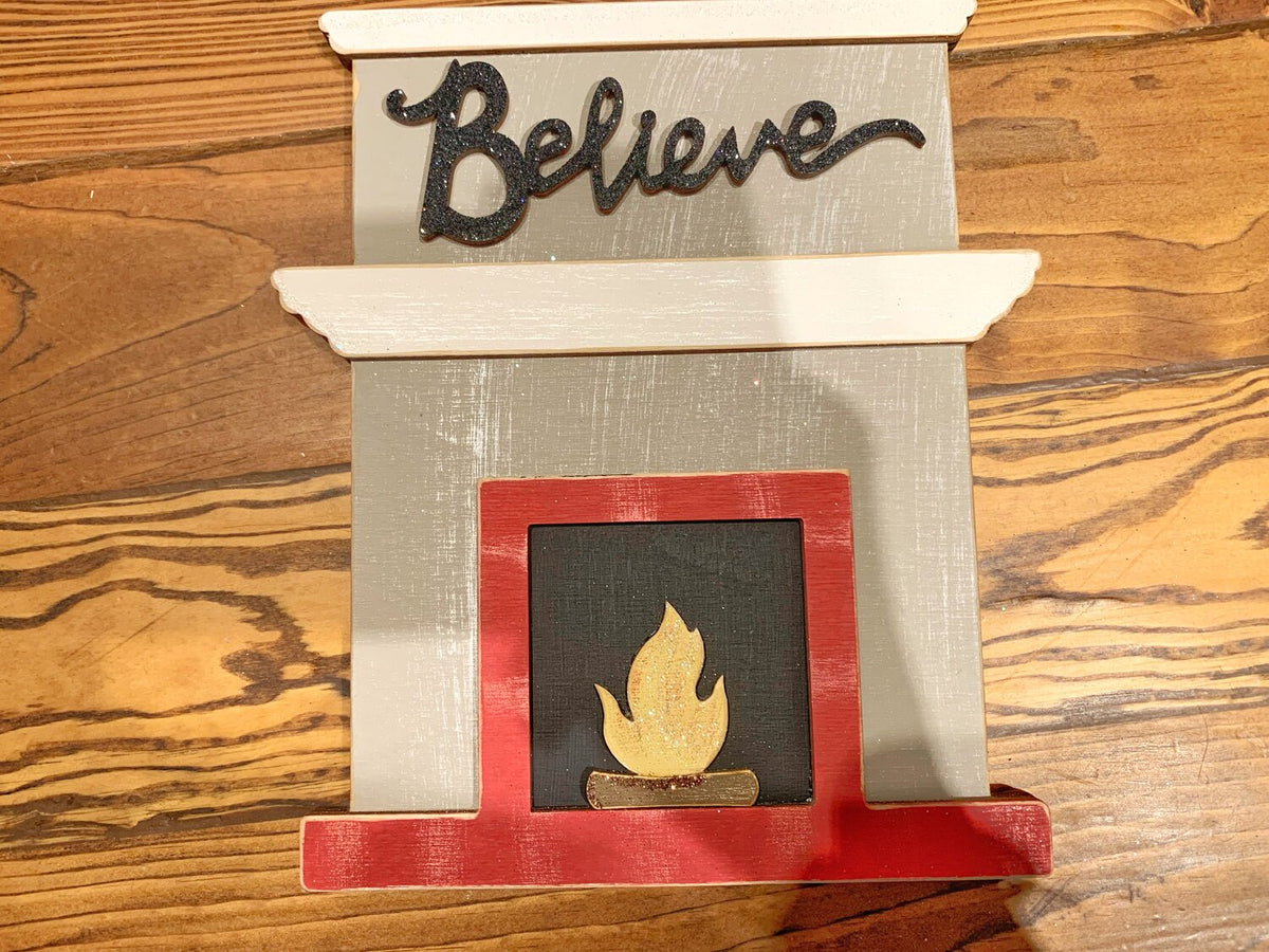 Standing Fireplace w/ Personalized Stockings & Pets or Presents and Choice of Wooden Word