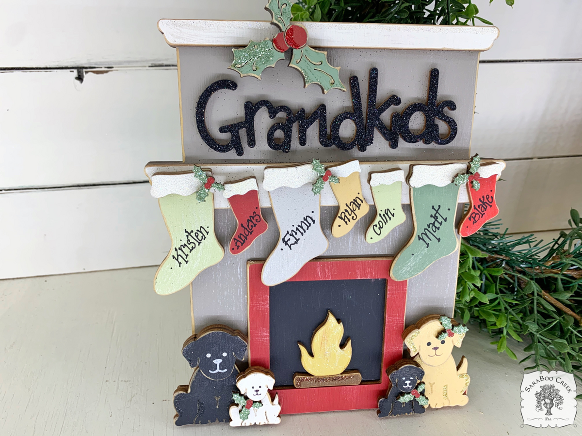 Standing Fireplace w/ Personalized Stockings & Pets or Presents and Choice of Wooden Word