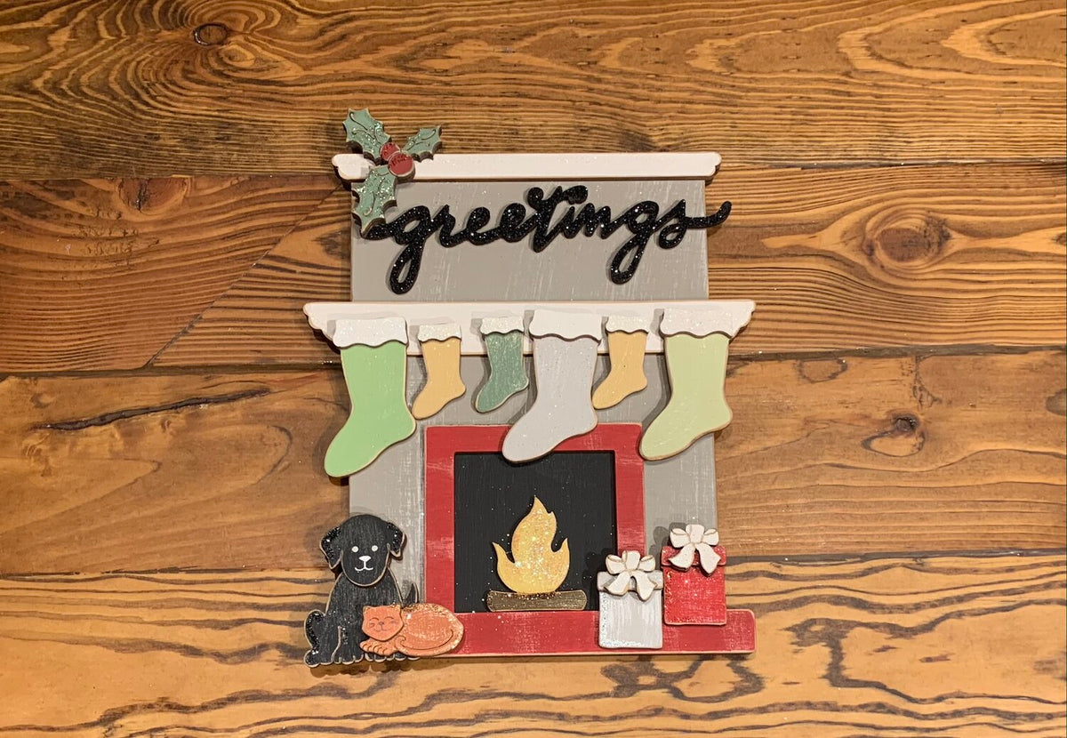 Standing Fireplace w/ Personalized Stockings & Pets or Presents and Choice of Wooden Word