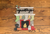 Standing Fireplace w/ Personalized Stockings & Pets or Presents and Choice of Wooden Word