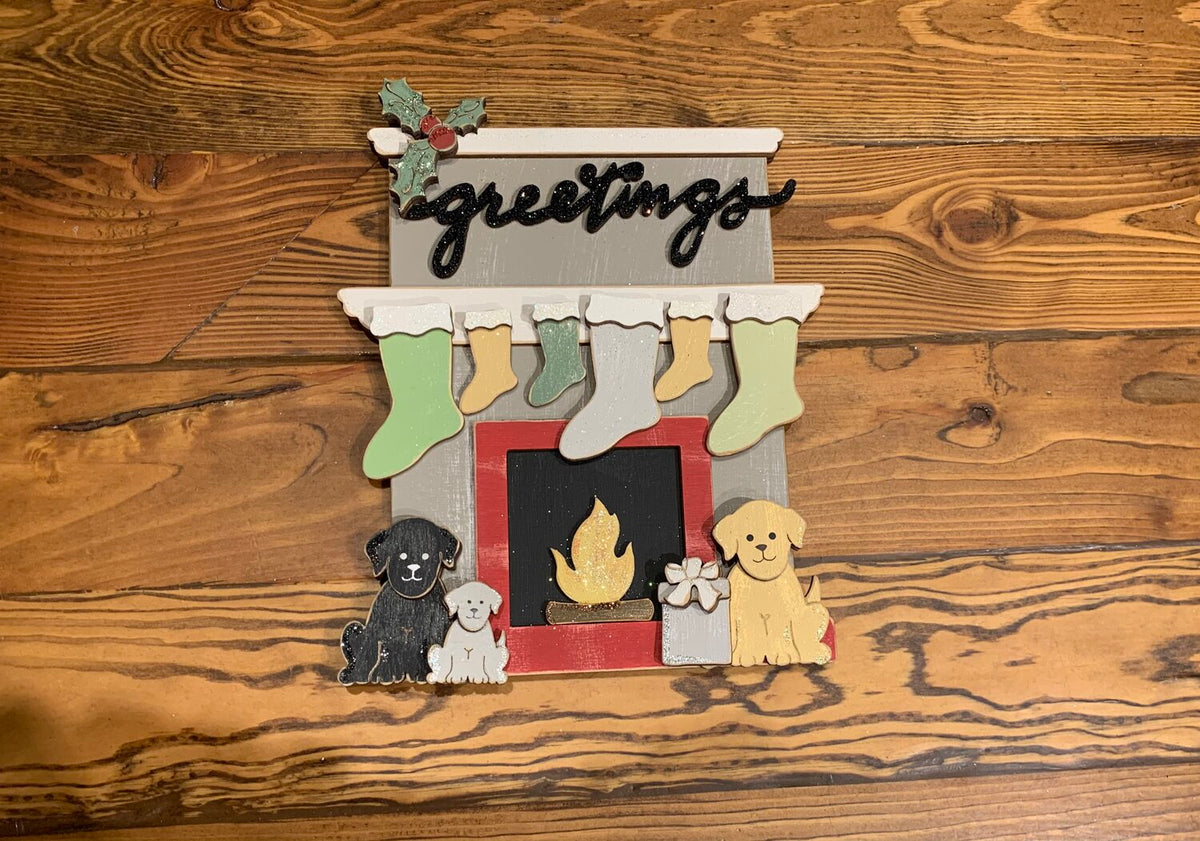 Standing Fireplace w/ Personalized Stockings & Pets or Presents and Choice of Wooden Word