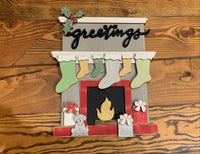 Standing Fireplace w/ Personalized Stockings & Pets or Presents and Choice of Wooden Word