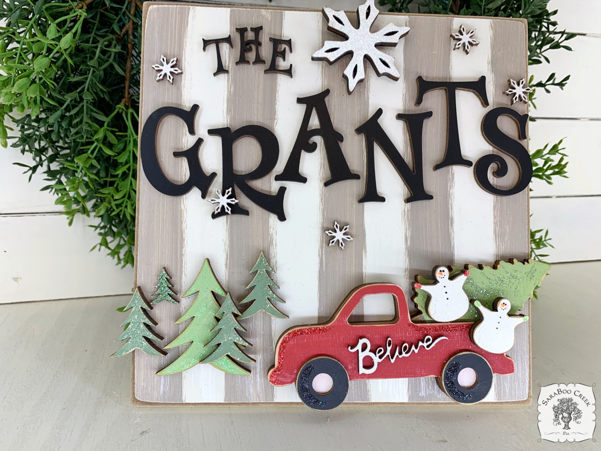 Striped Sign with Last Name Truck and Snowmen