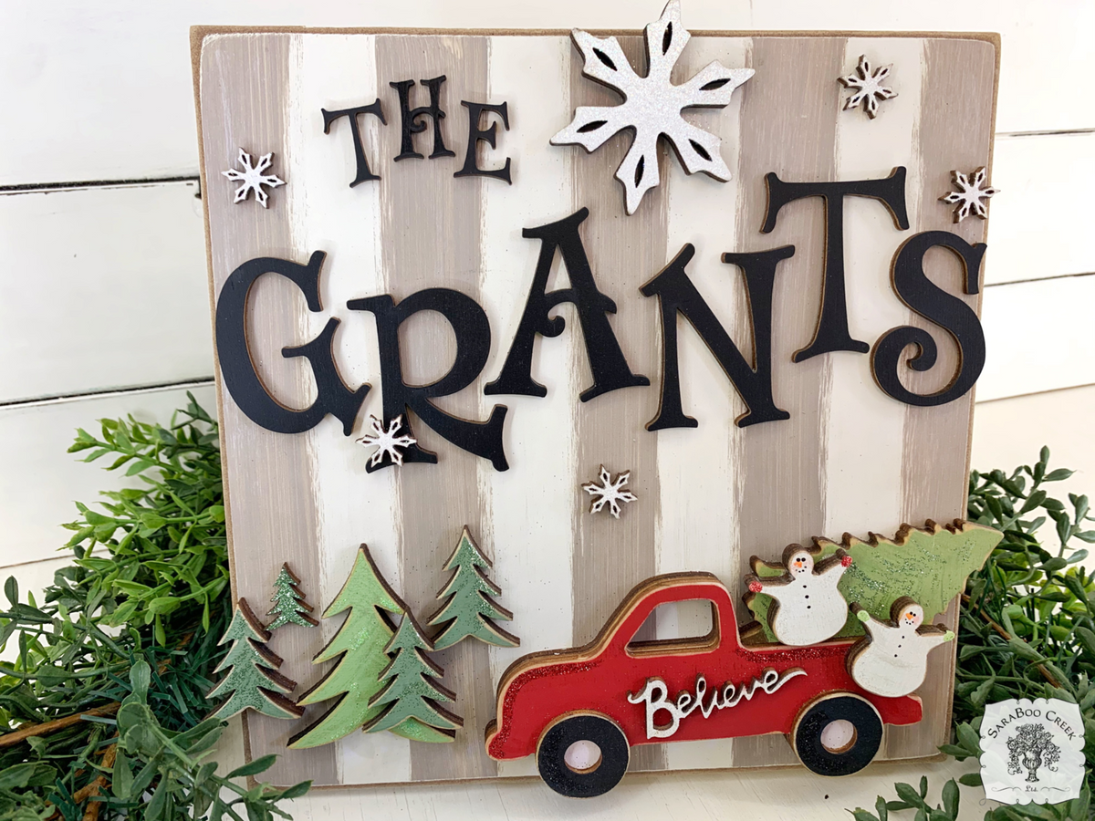 Striped Sign with Last Name Truck and Snowmen