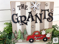 Striped Sign with Last Name Truck and Snowmen